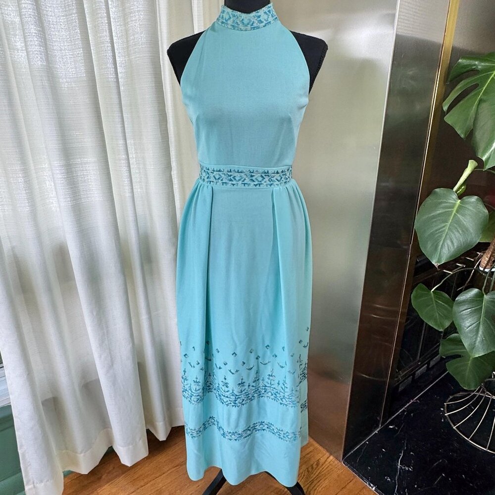 Vintage 60s dress, aqua blue, high halter neckline, sleeveless cocktail gown